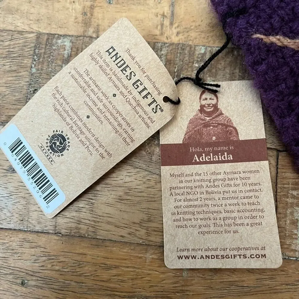 Andes Gifts Han-Knit Fingerless Gloves Purple Floral Embroidery NWT